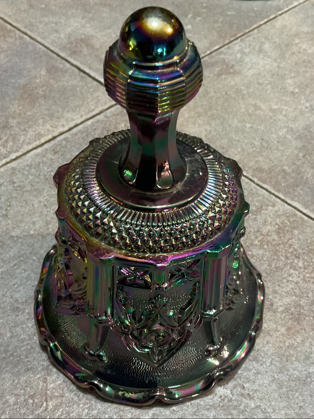 Fenton Iridescent Hand Bell - Green, Purple, Gold